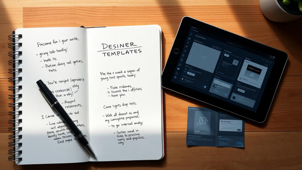 Notebook with prompt templates next to a tablet showing AI-generated UI