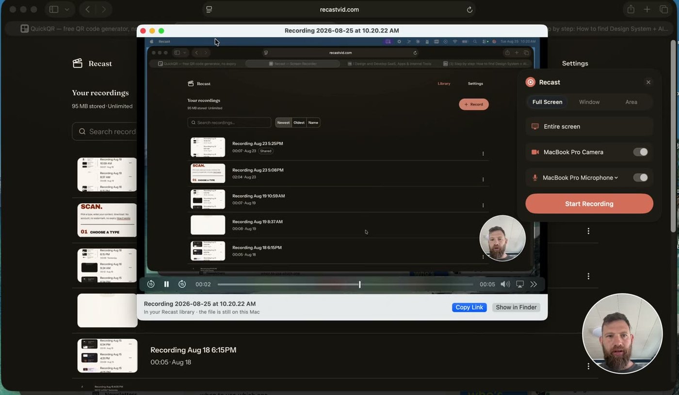 Recast on macOS — the player opens on the local file the moment recording stops, with the share link already there