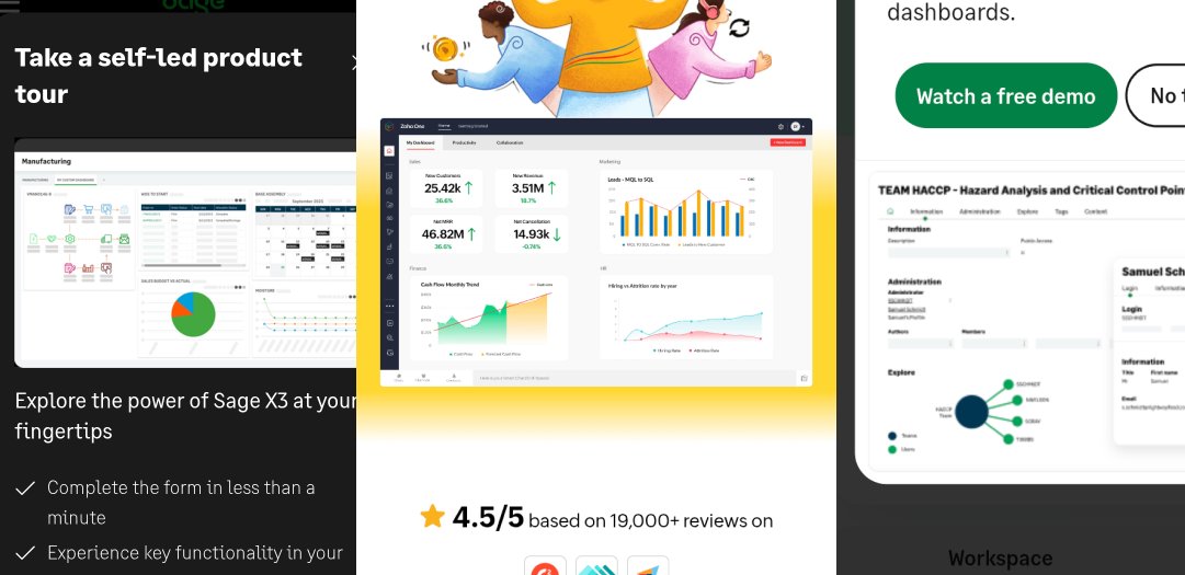 The incumbent products — Sage X3, Zoho One and a HACCP compliance tool, all leading with demo requests and dashboards