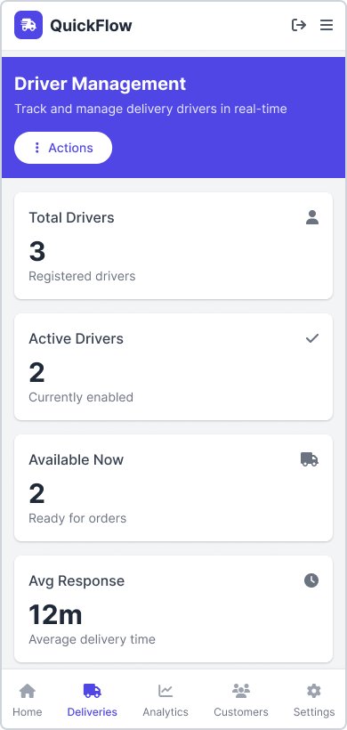 Driver management on mobile, showing drivers and their active deliveries