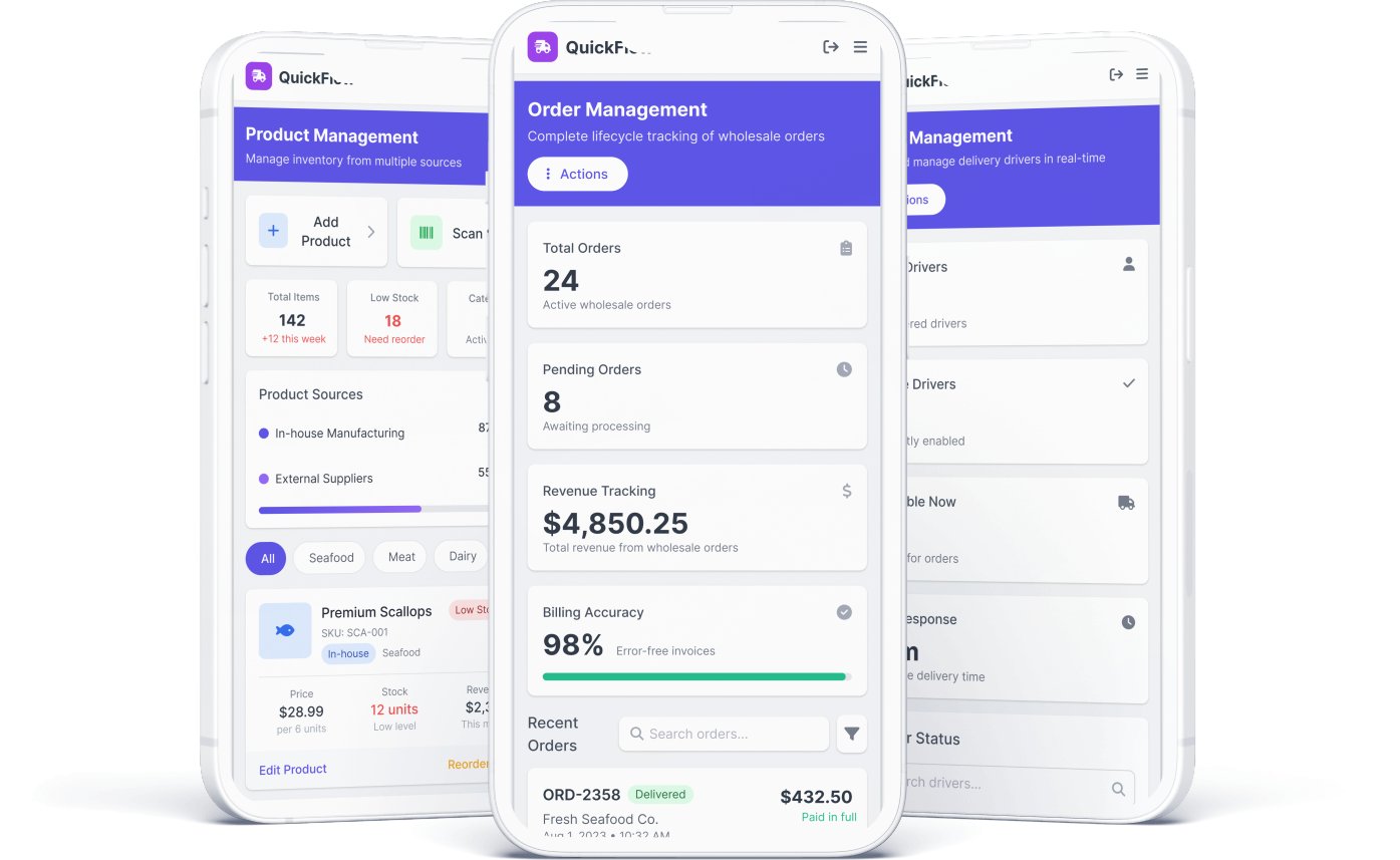 Four QuickFlow screens together — dashboard, catalogue, orders and delivery