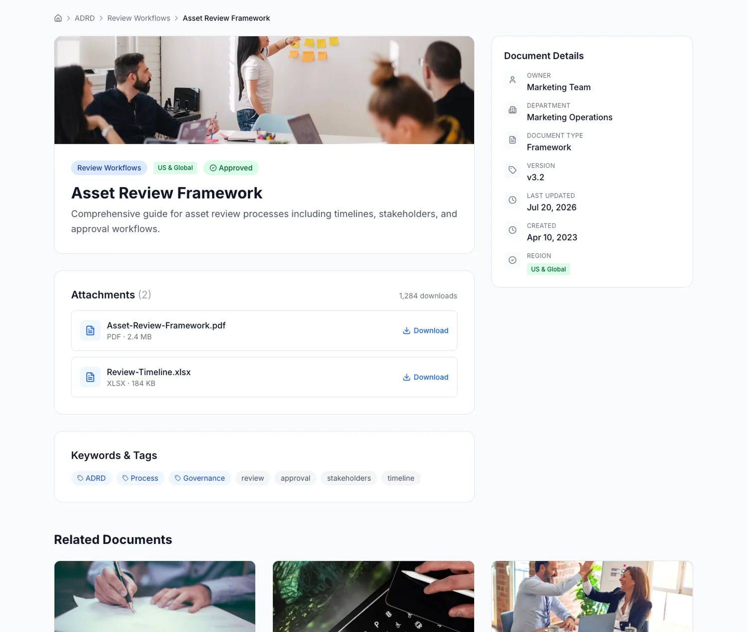 A document page — cover, status and region badges, attachments with sizes, keywords and tags, and the details panel