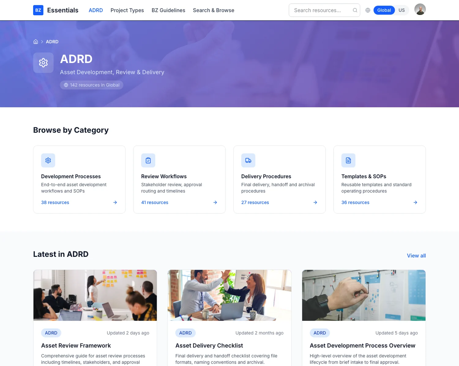 The ADRD domain landing — its four categories with live resource counts, and the latest documents underneath