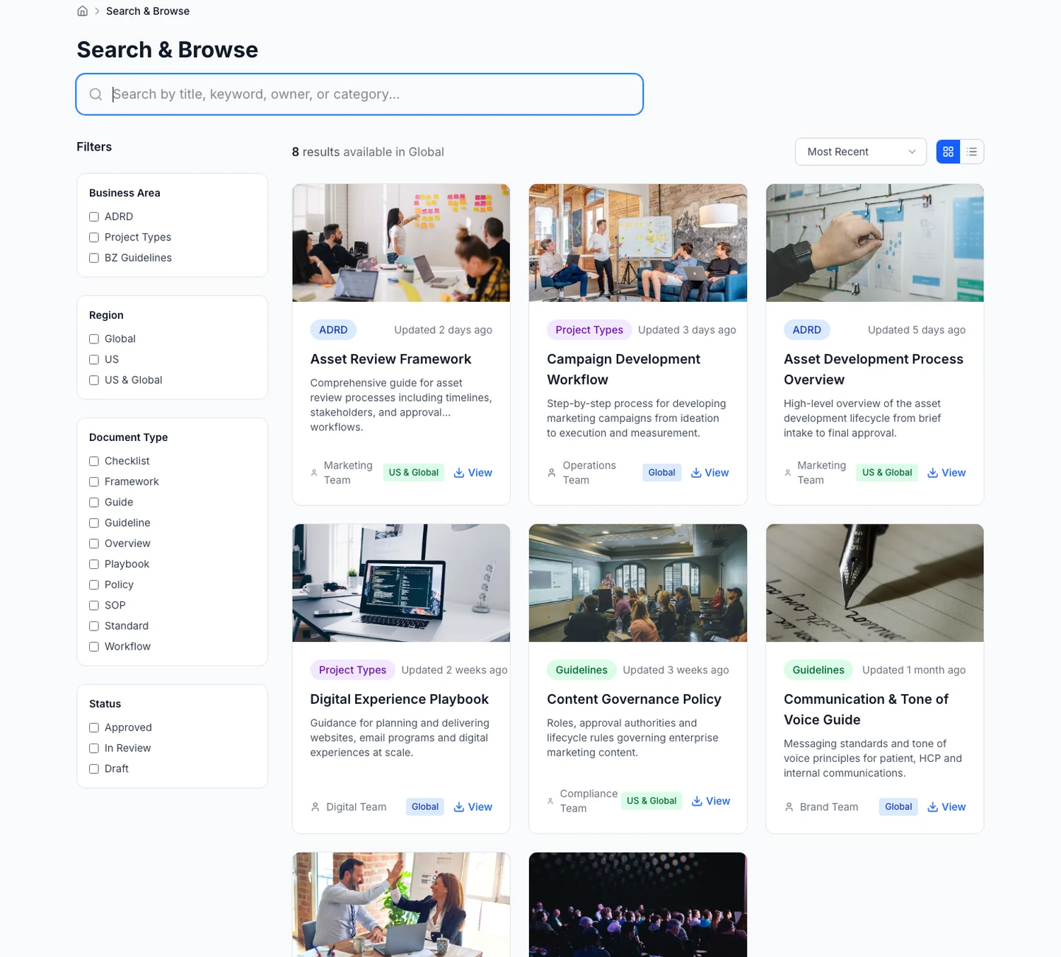 Search and browse — faceted filters for business area, region, document type and status beside a result grid