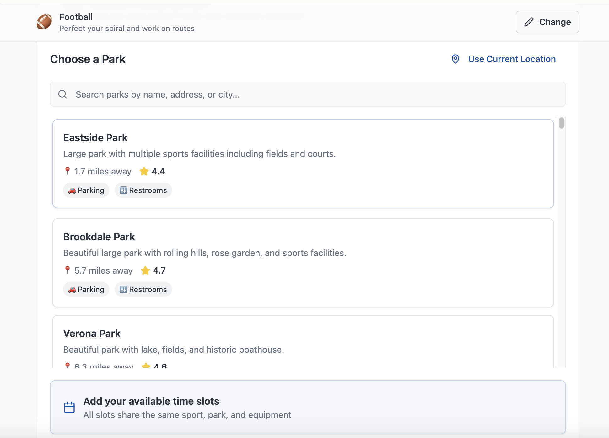 Choose a Park — a curated list with distance and amenities, not a drop-a-pin map