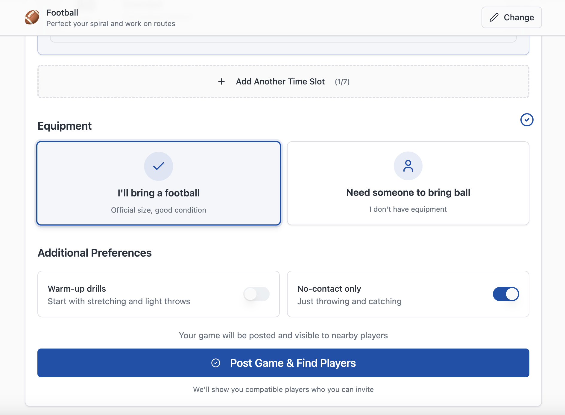 Equipment and preferences — "I'll bring a football," no-contact toggle