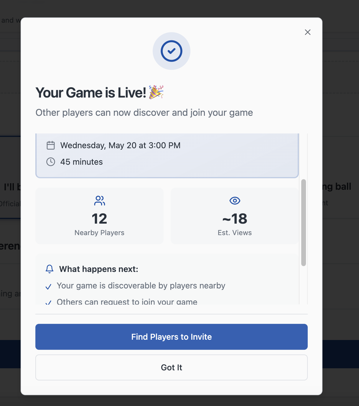 Confirmation — "Your Game is Live!" with nearby player count, not a vanity counter