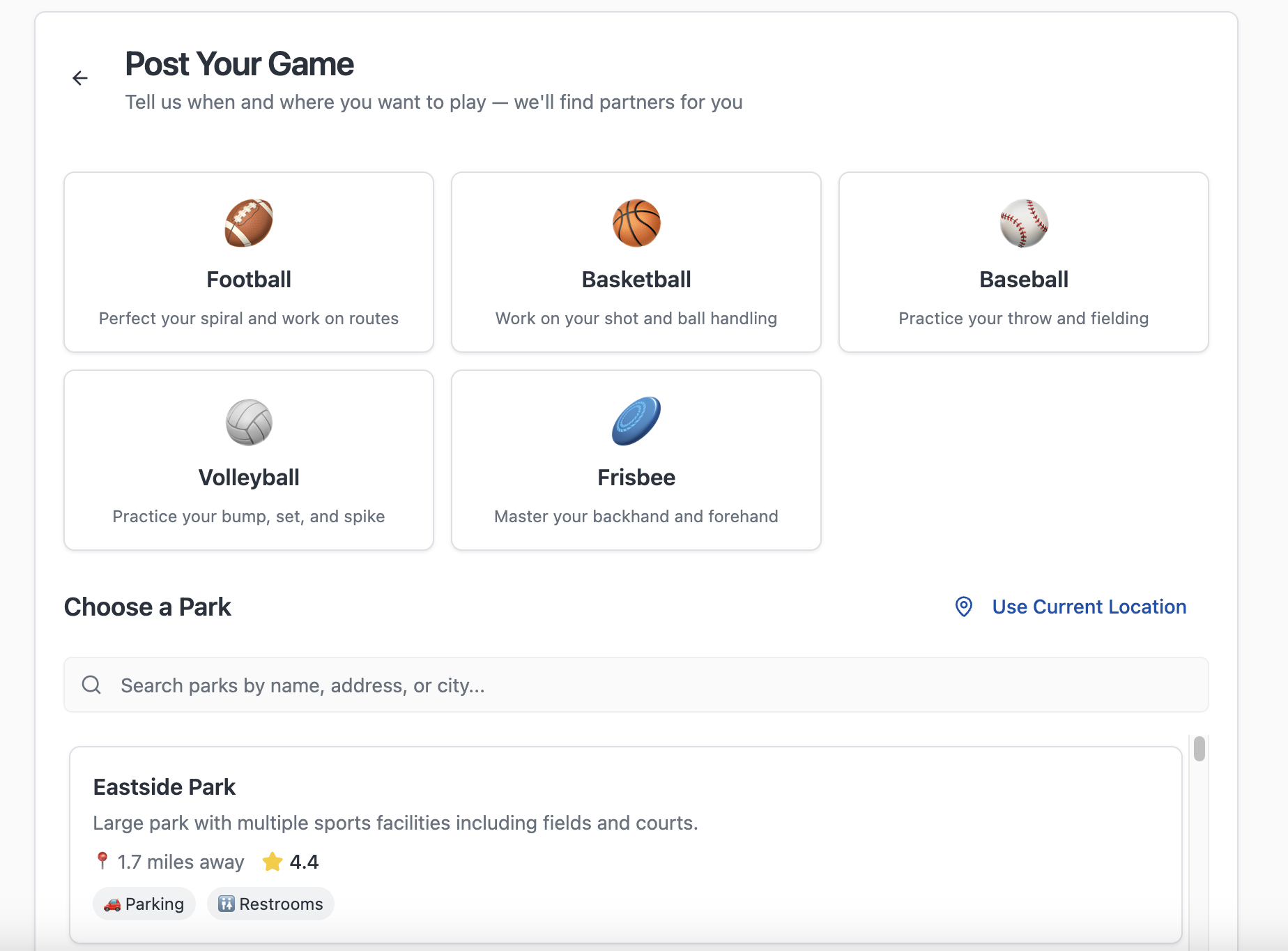 Post Your Game — sport picker with Football, Basketball, Baseball, Volleyball, Frisbee