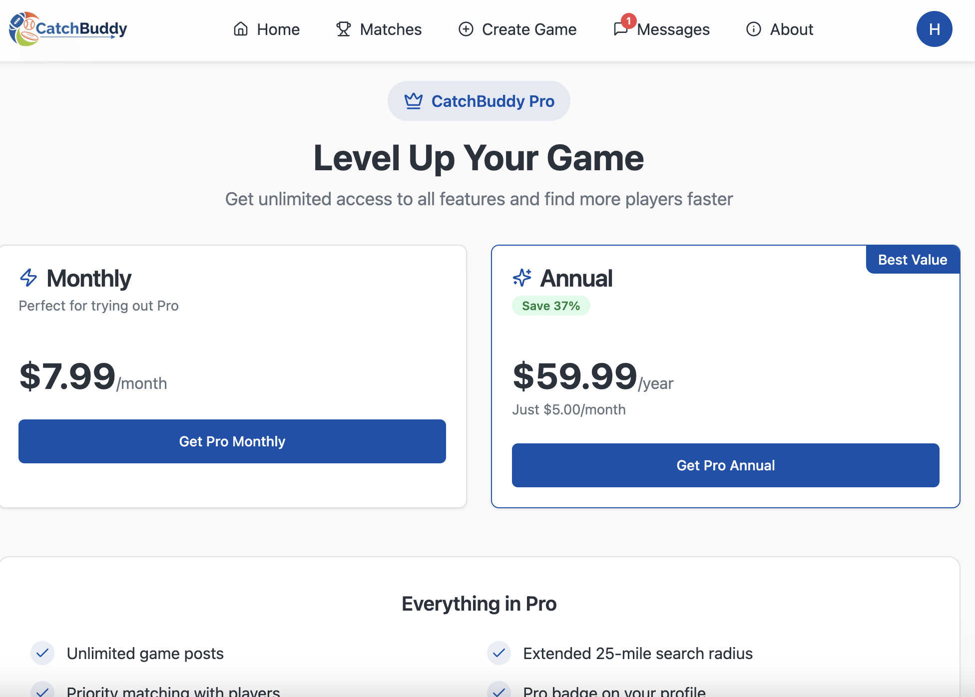 Pro pricing — $7.99/mo or $59.99/yr, added after the safety and matching loop was stable