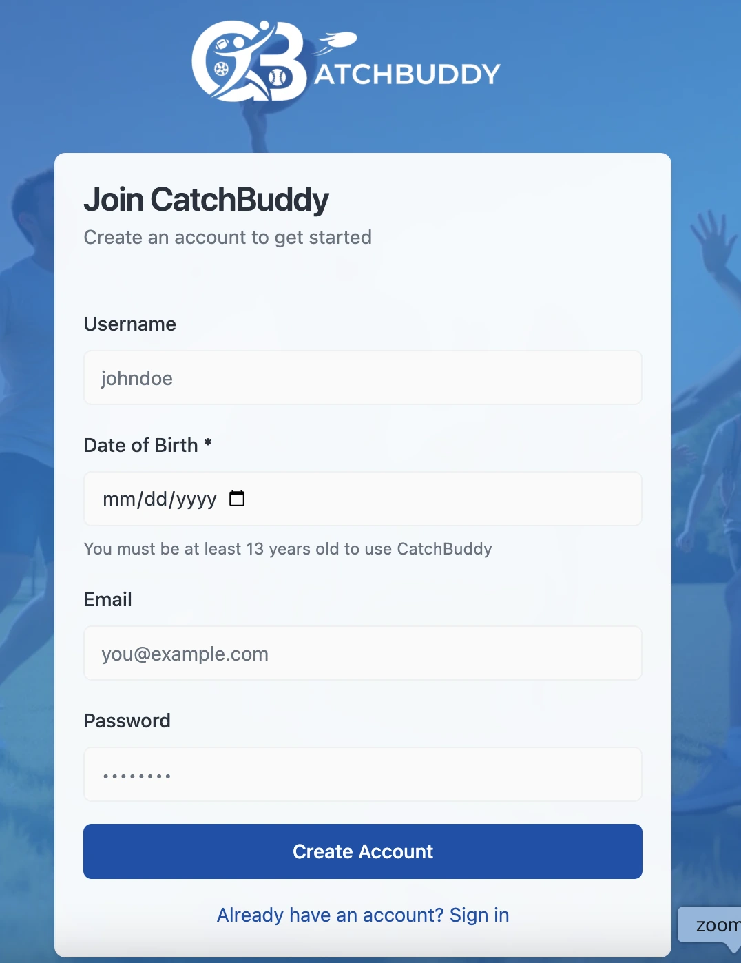 CatchBuddy sign-up with the 13+ age gate, the first checkpoint in the minor-protection flow