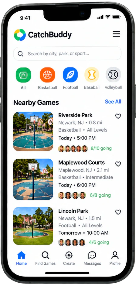 CatchBuddy phone app: nearby pickup games at Riverside Park, Maplewood Courts and Lincoln Park, each showing how many players are going