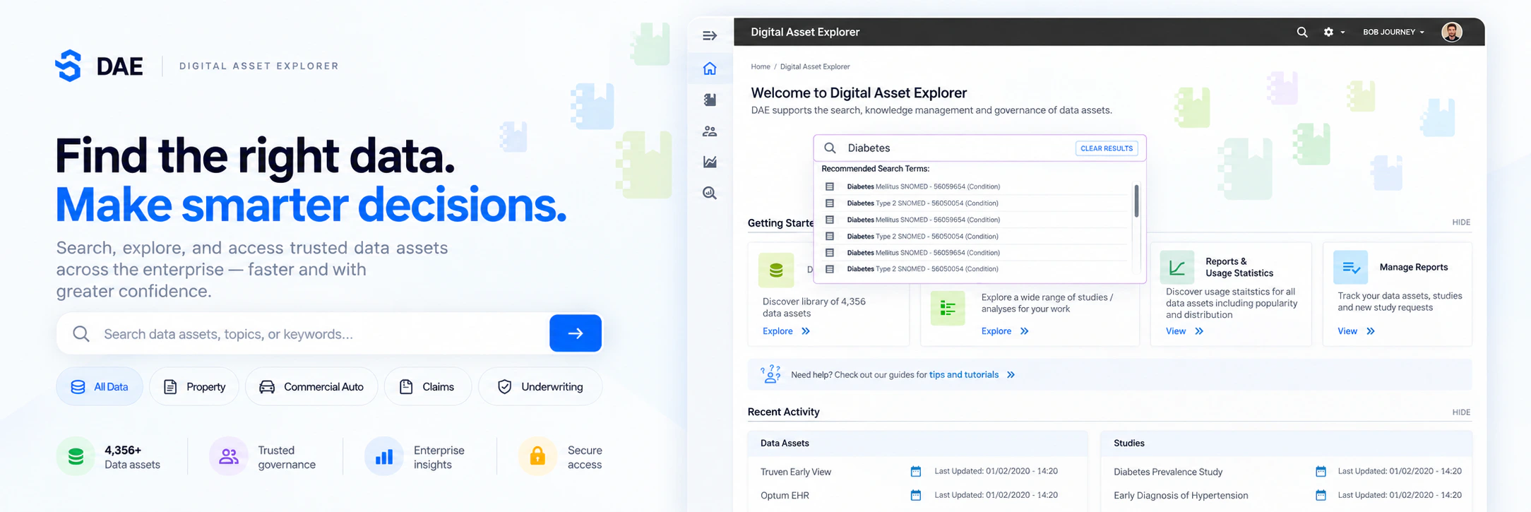 DAE Digital Asset Explorer: the landing screen beside the dashboard mid-search, showing recommended results