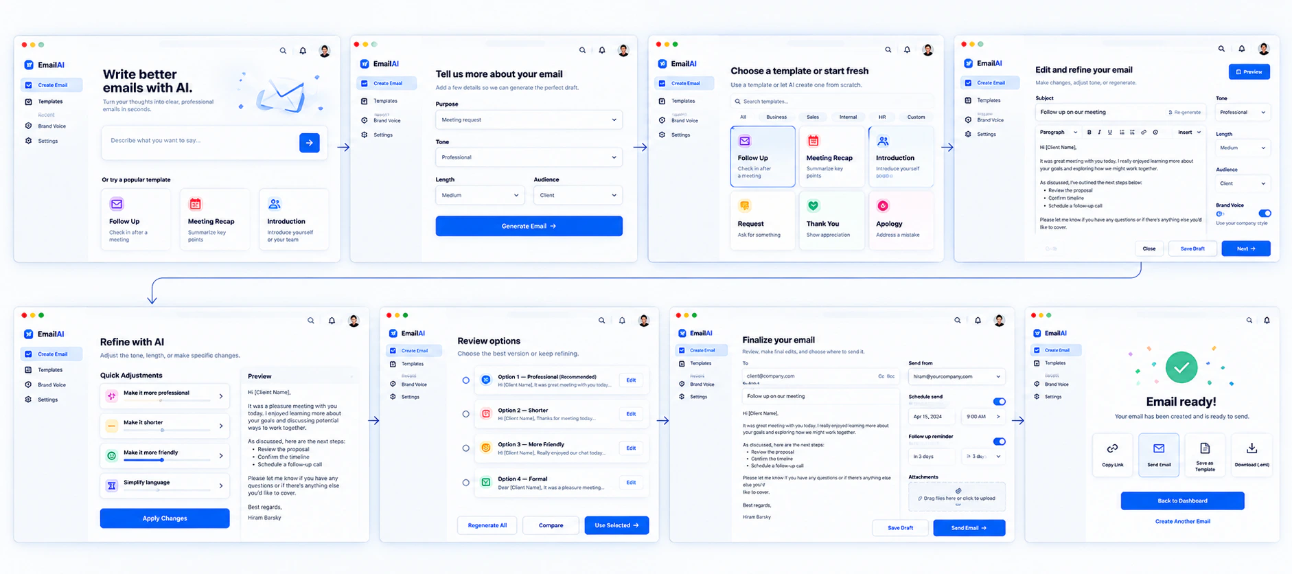 The EmailAI desktop interface: the create-email screen with tone, length and audience controls, above the supporting screens
