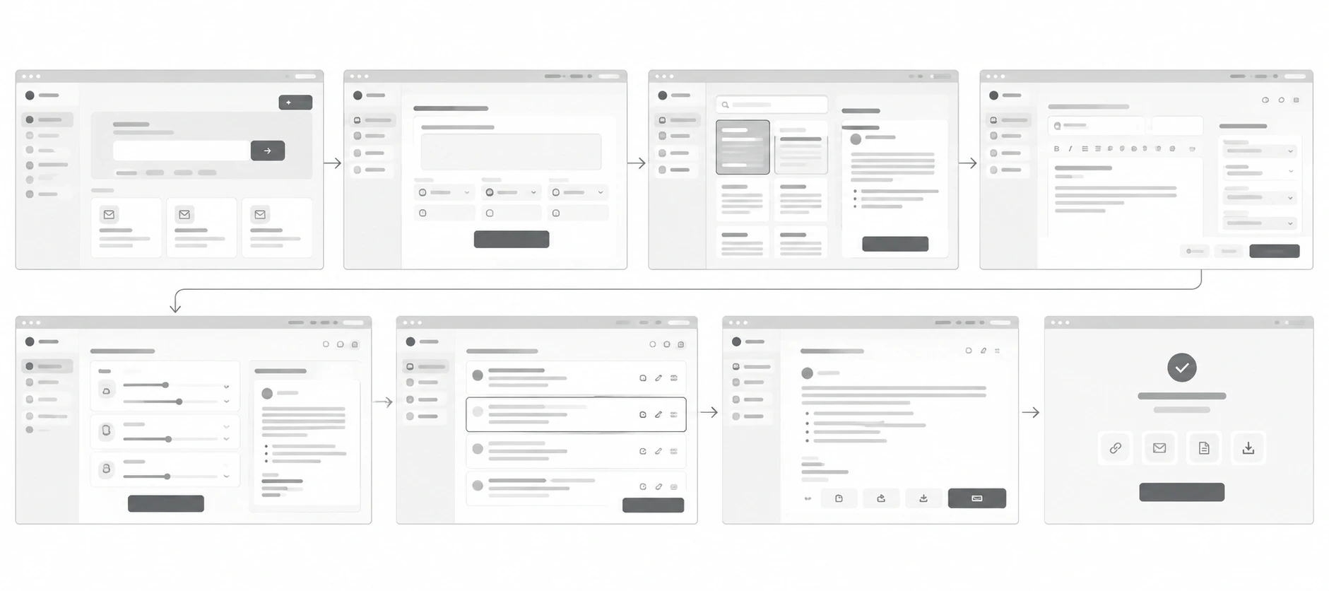 Low-fidelity wireframes of the eight-step flow, from landing and brief to the ready-to-send confirmation