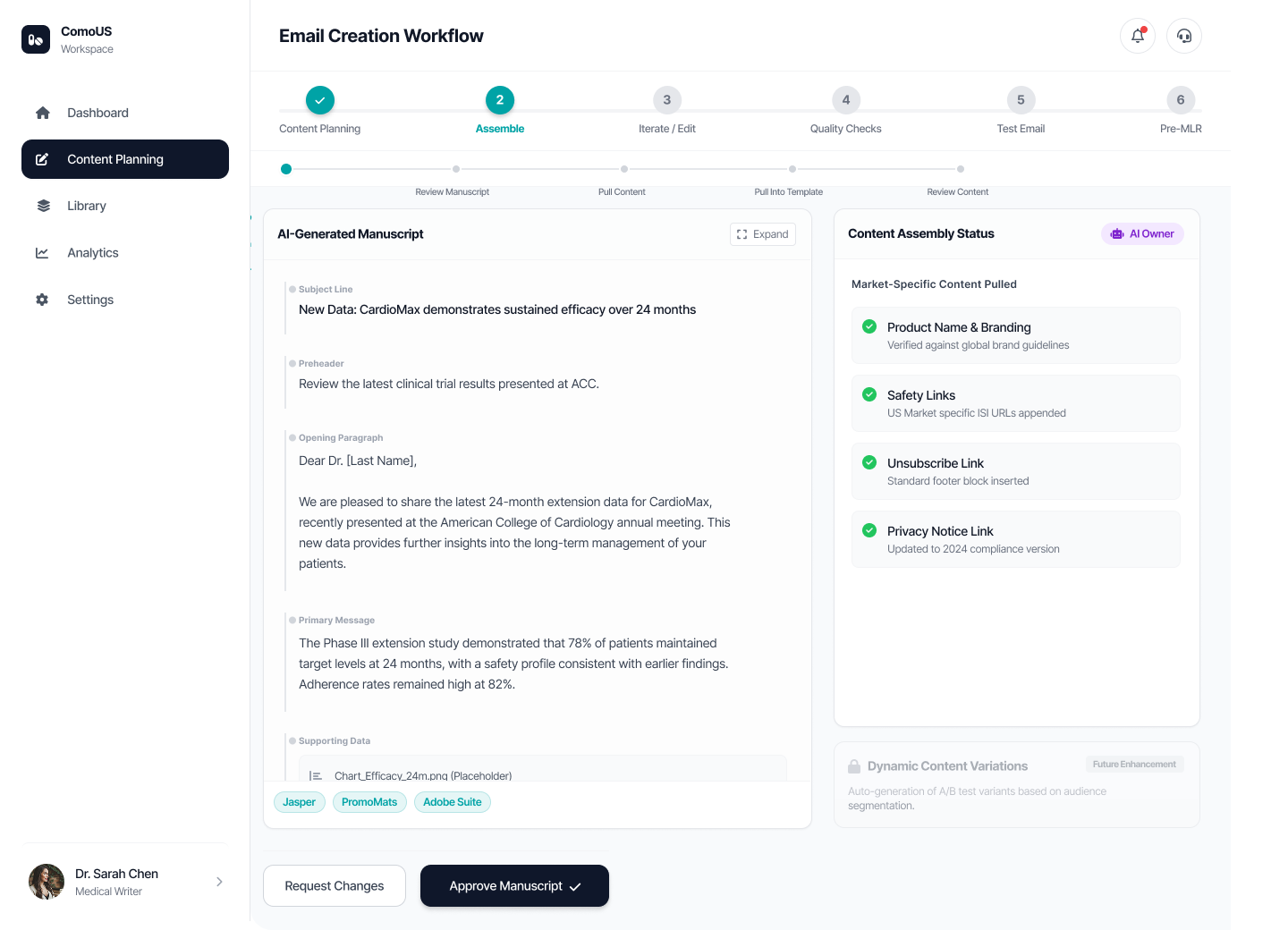 Step 2 — Assemble From Approved Content: AI-owned manuscript on the left, market-specific compliance content auto-pulled on the right