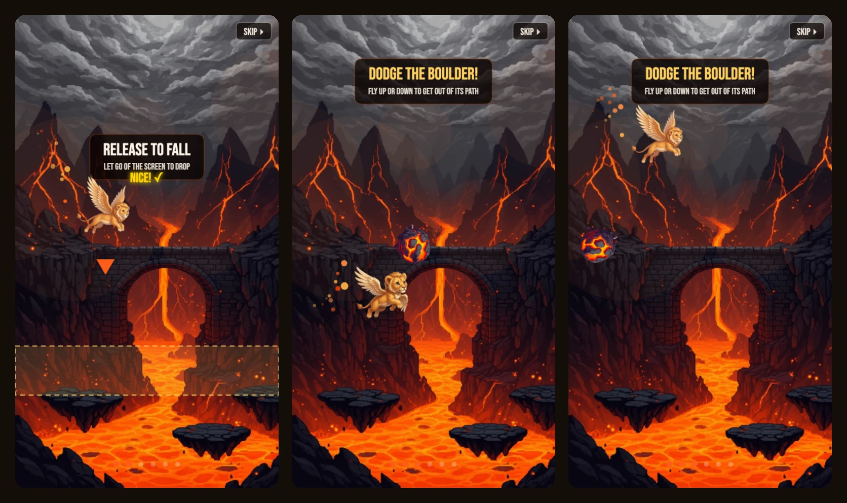 Fire Lion in play — the hold-to-fly prompt, the lion mid-flight, and a boulder incoming