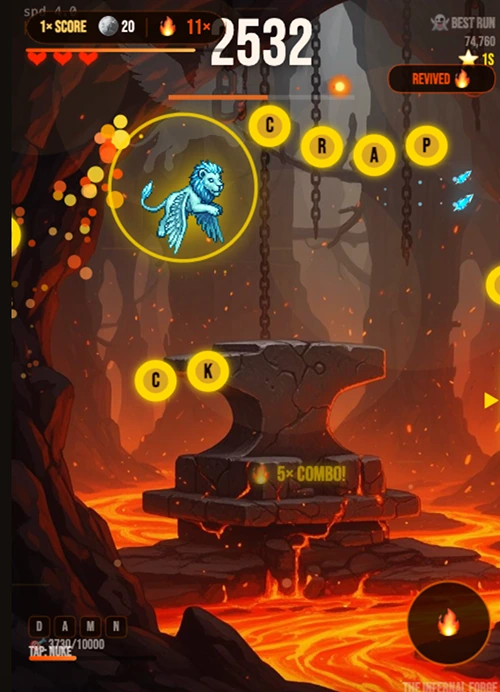 Spelling CRAP over a lava forge anvil, 5× combo