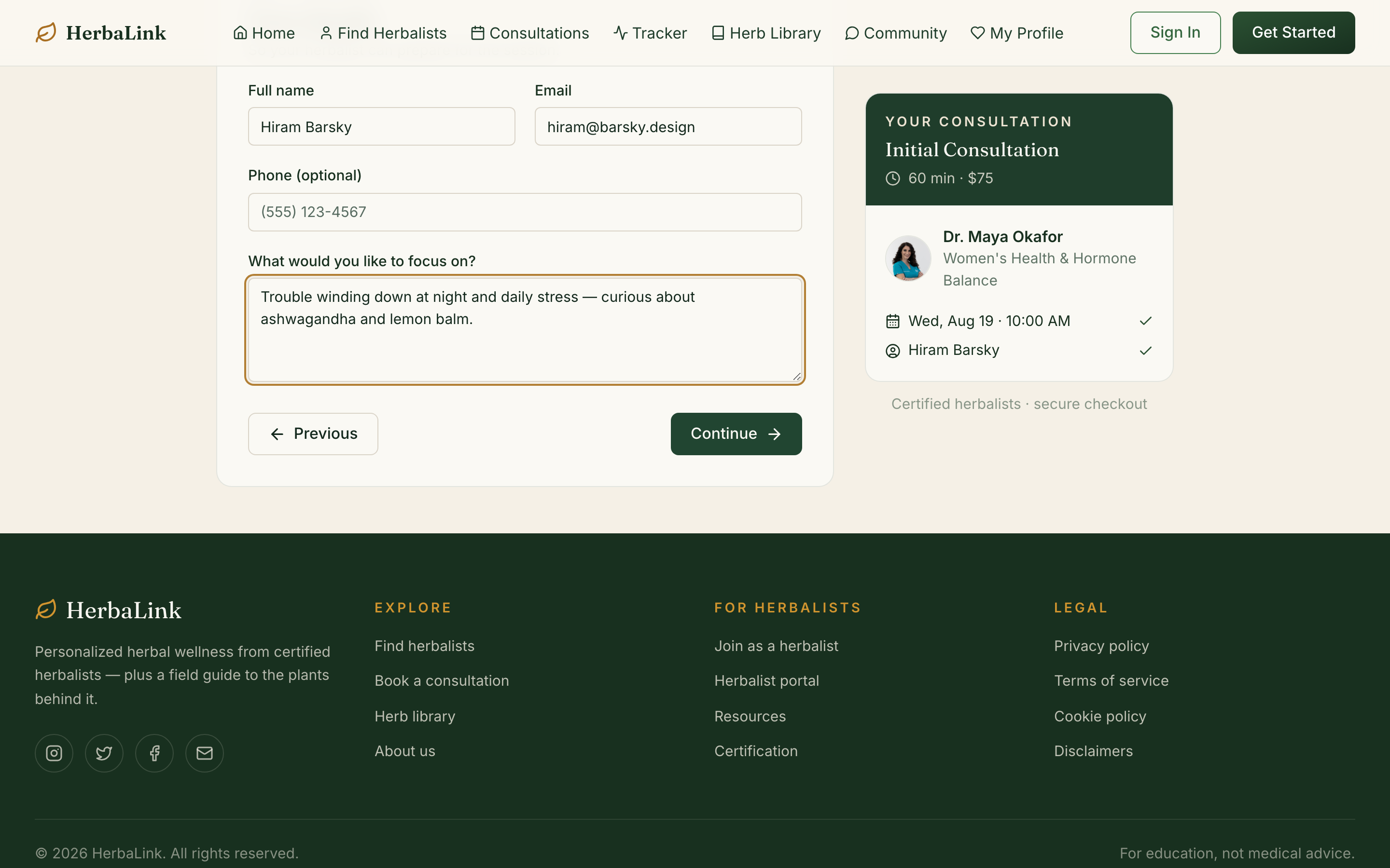 HerbaLink video consultation screen with live recommendations and session notes