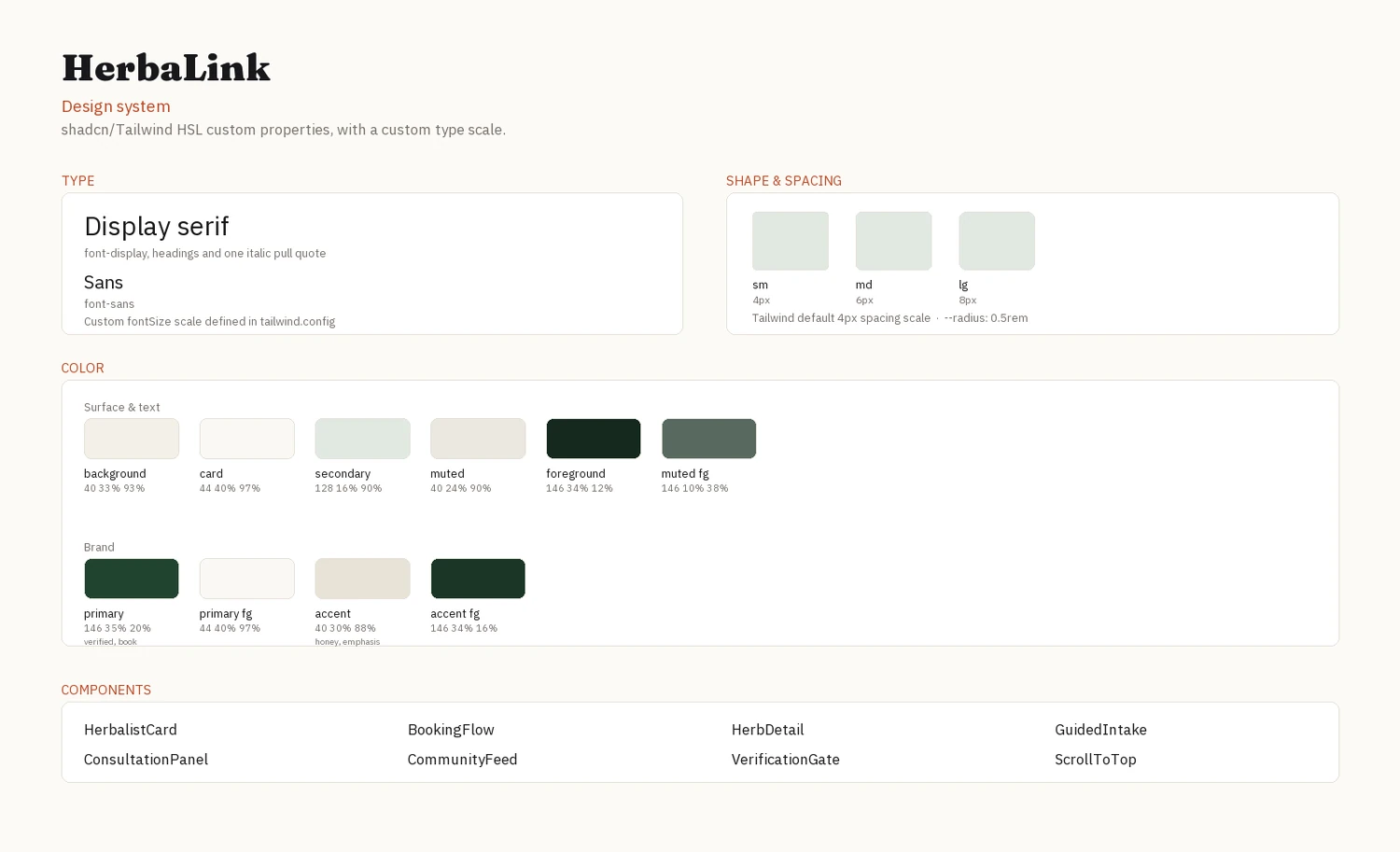 HerbaLink design tokens — forest green on warm paper with honey reserved for emphasis, and the verification rule the palette encodes