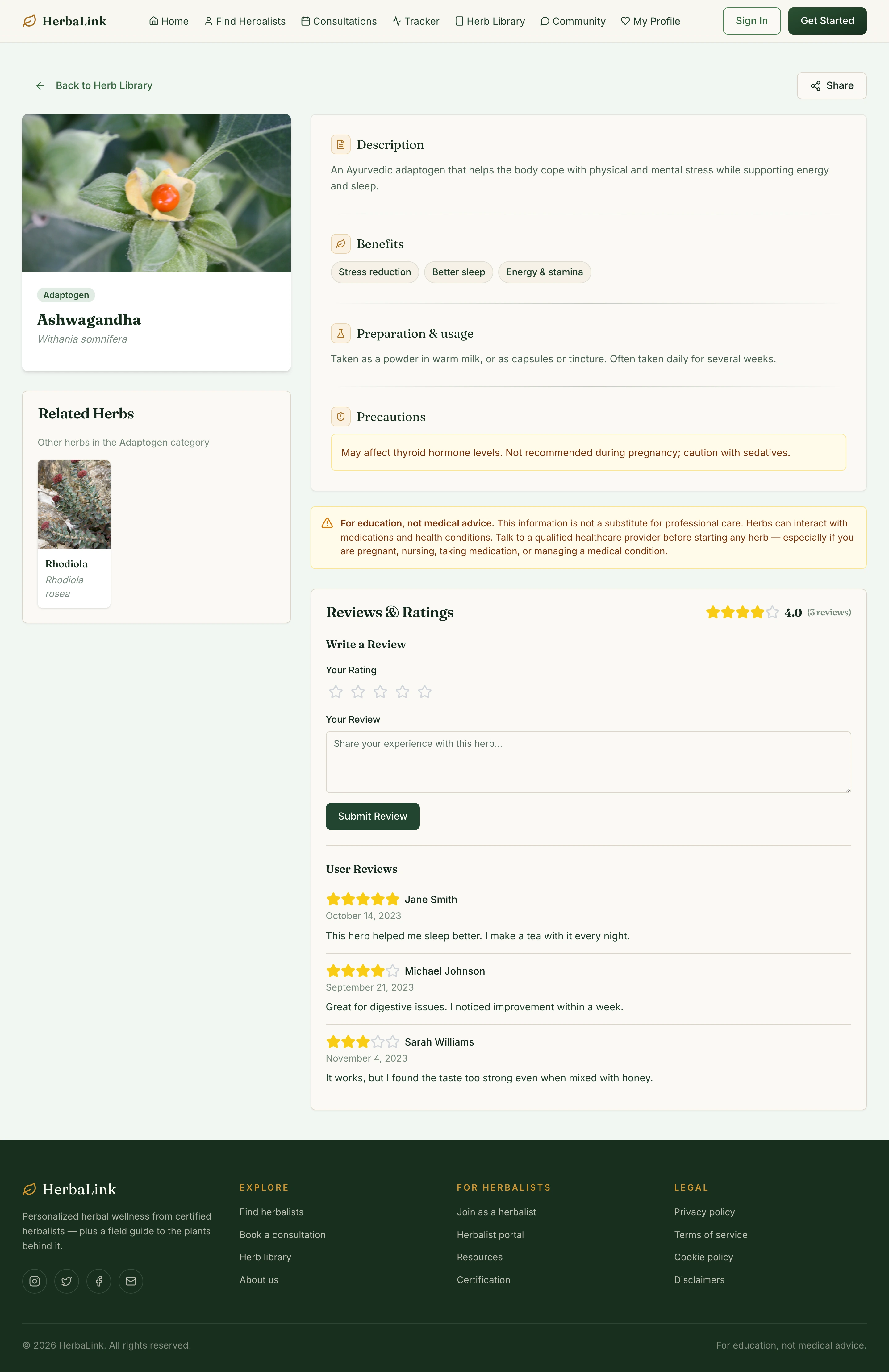 Herb library entry for Ashwagandha — description, benefits, preparation, precautions, and an education-not-medical-advice notice