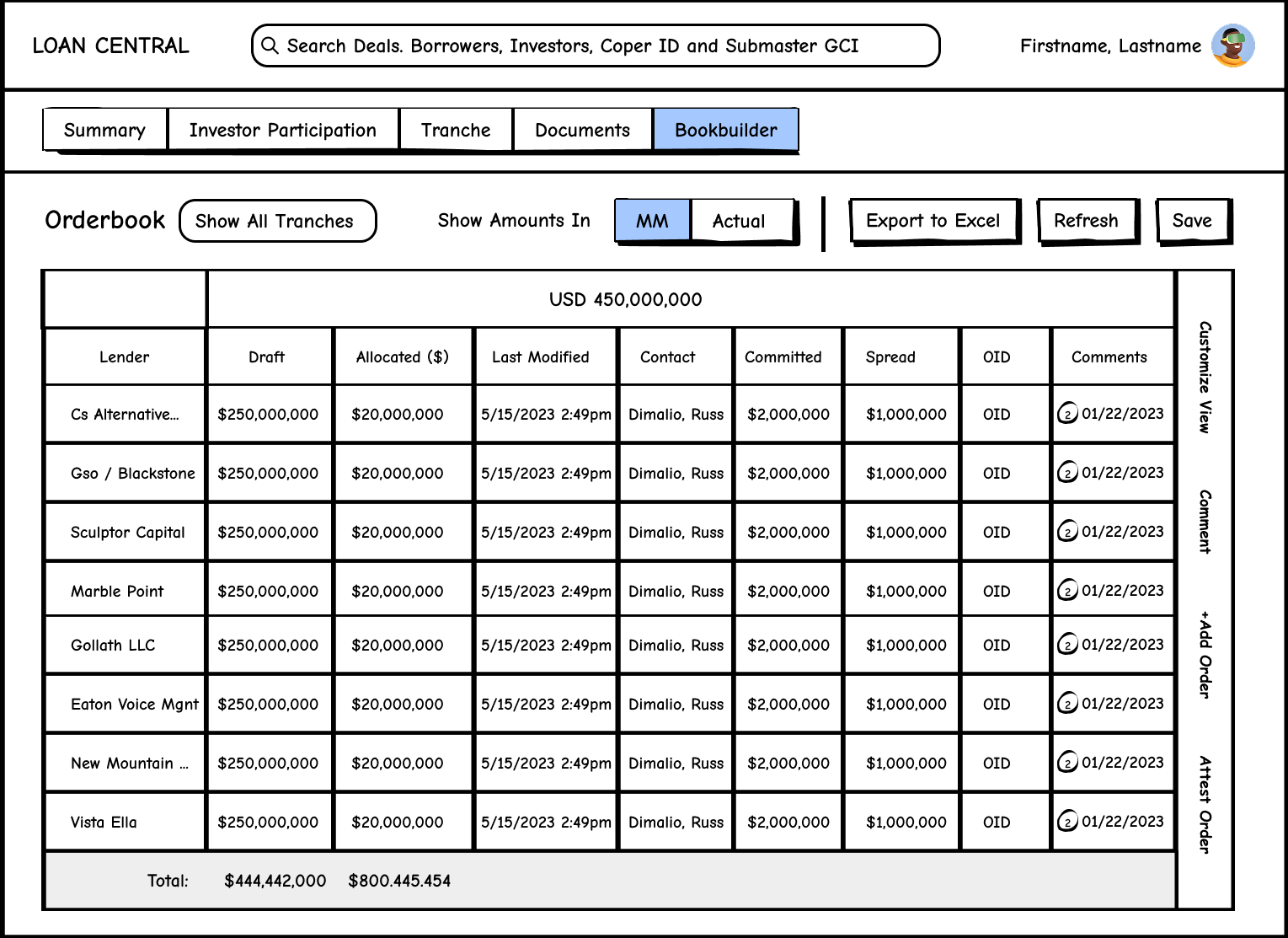 Low-fidelity order builder wireframe for loan workflows