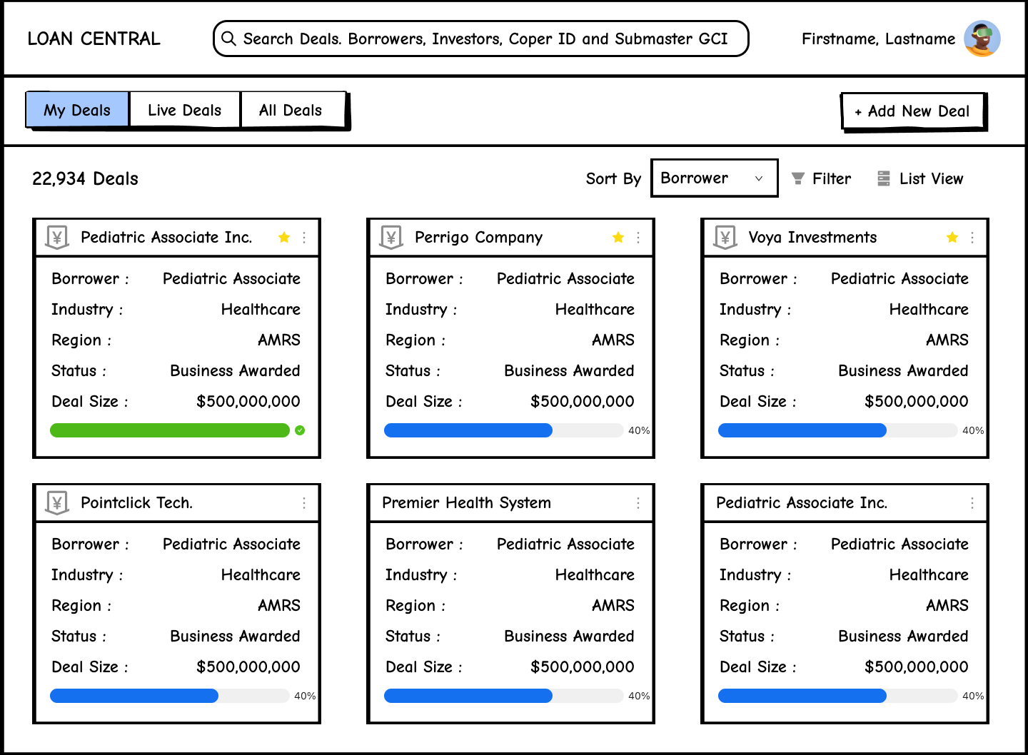 Loan Central landing page in wireframe — My Deals, Live Deals and All Deals tabs above a grid of deal cards showing borrower, industry, region, status and deal size, with 22,934 deals in the header