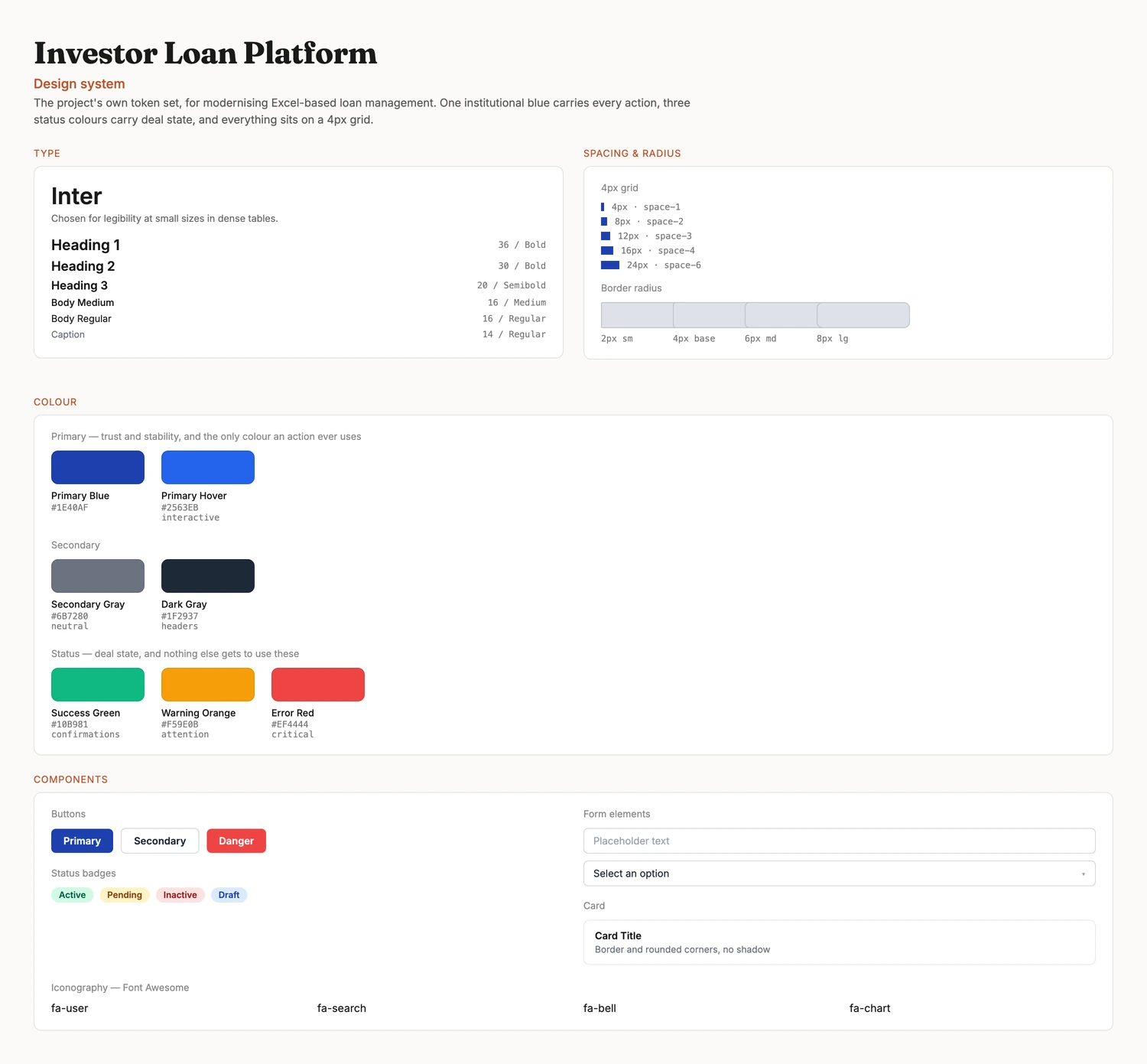 Investor Loan Platform design tokens sampled from the shipped UI — the page and surface greys, one deep blue for actions, and the four deal-status hues shown as pill fills and progress bars