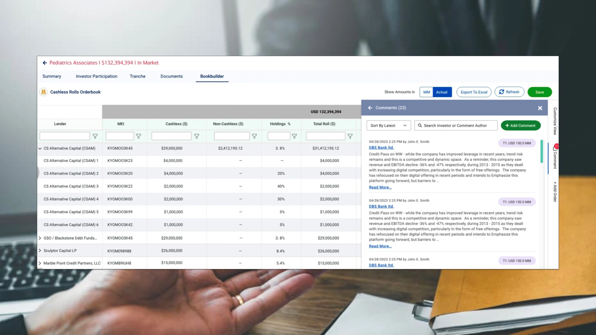 Loan Deals grid and Orderbook with live comments, shown across two screens