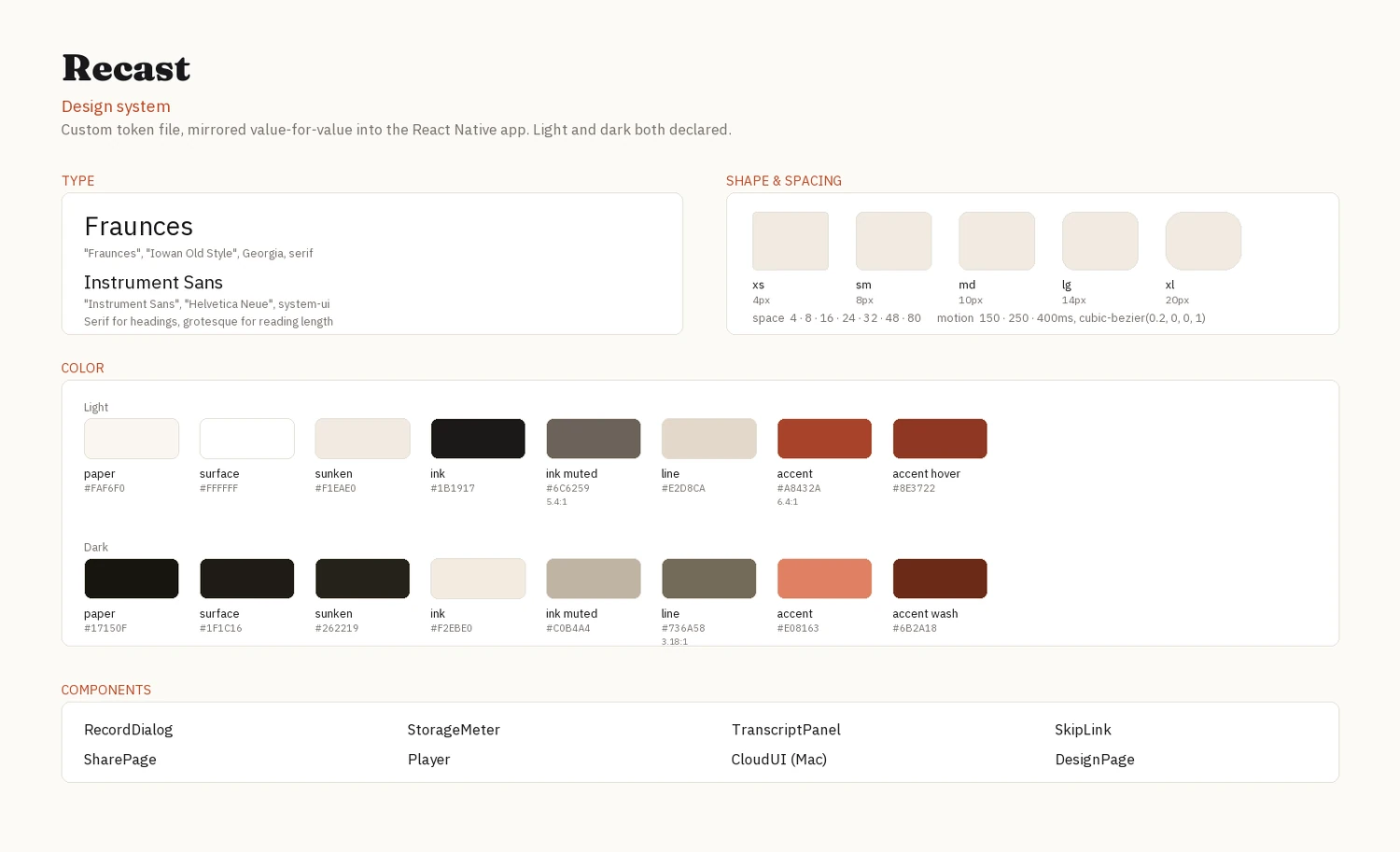 Recast's design tokens — Fraunces and Instrument Sans, the warm paper palette with measured contrast, the 4px scale, and the rules-not-boxes decision