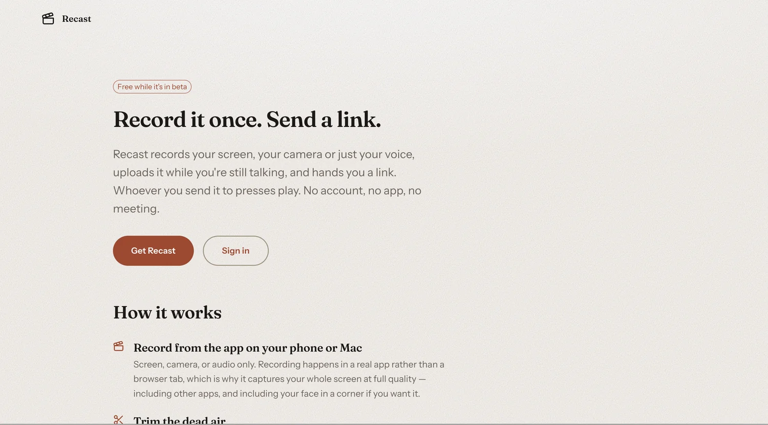 recastvid.com — Record it once. Send a link. The product's front door, in light mode