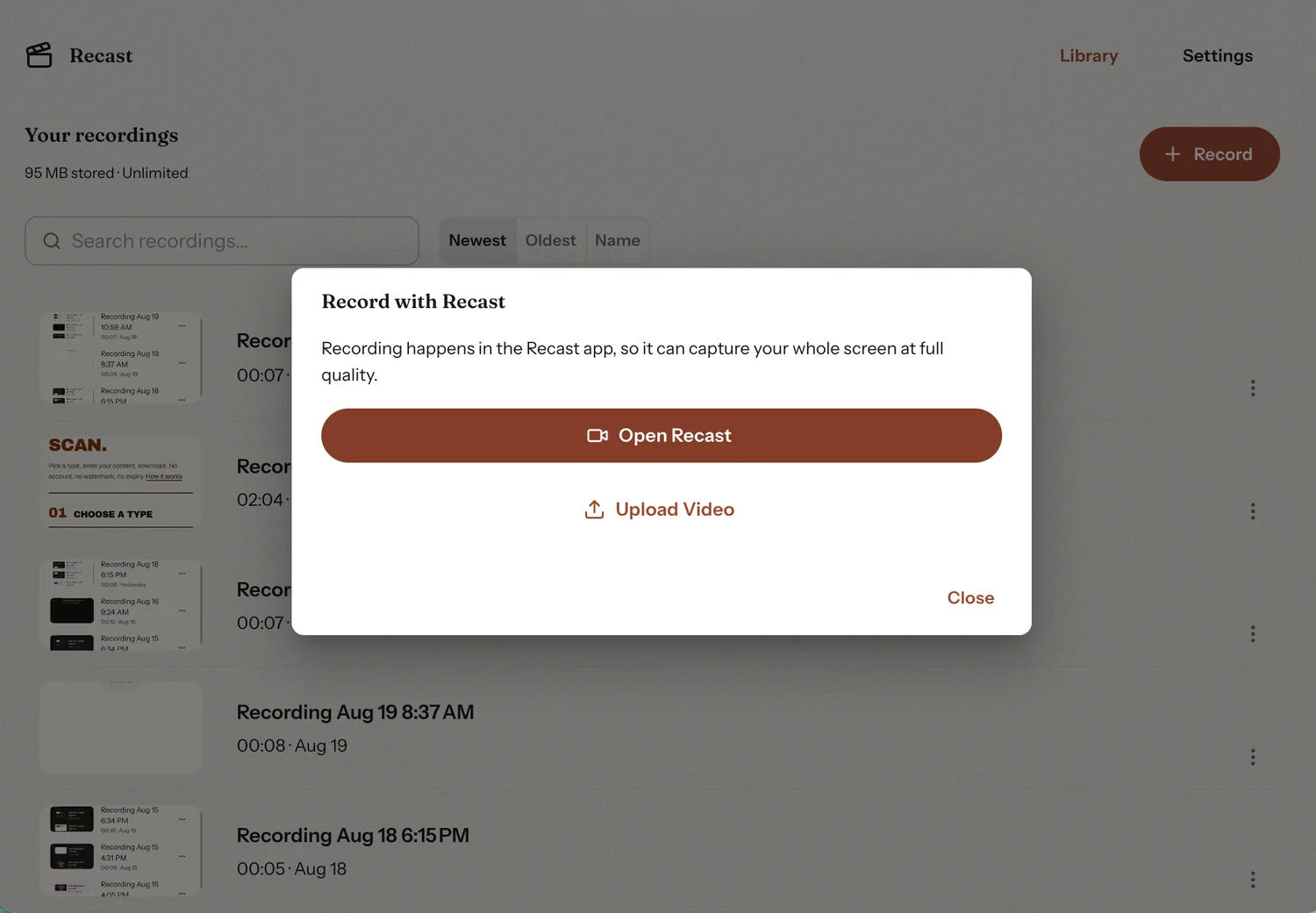 The Record button on the website opening a dialog that offers Open Recast or Upload Video, with no browser-capture option