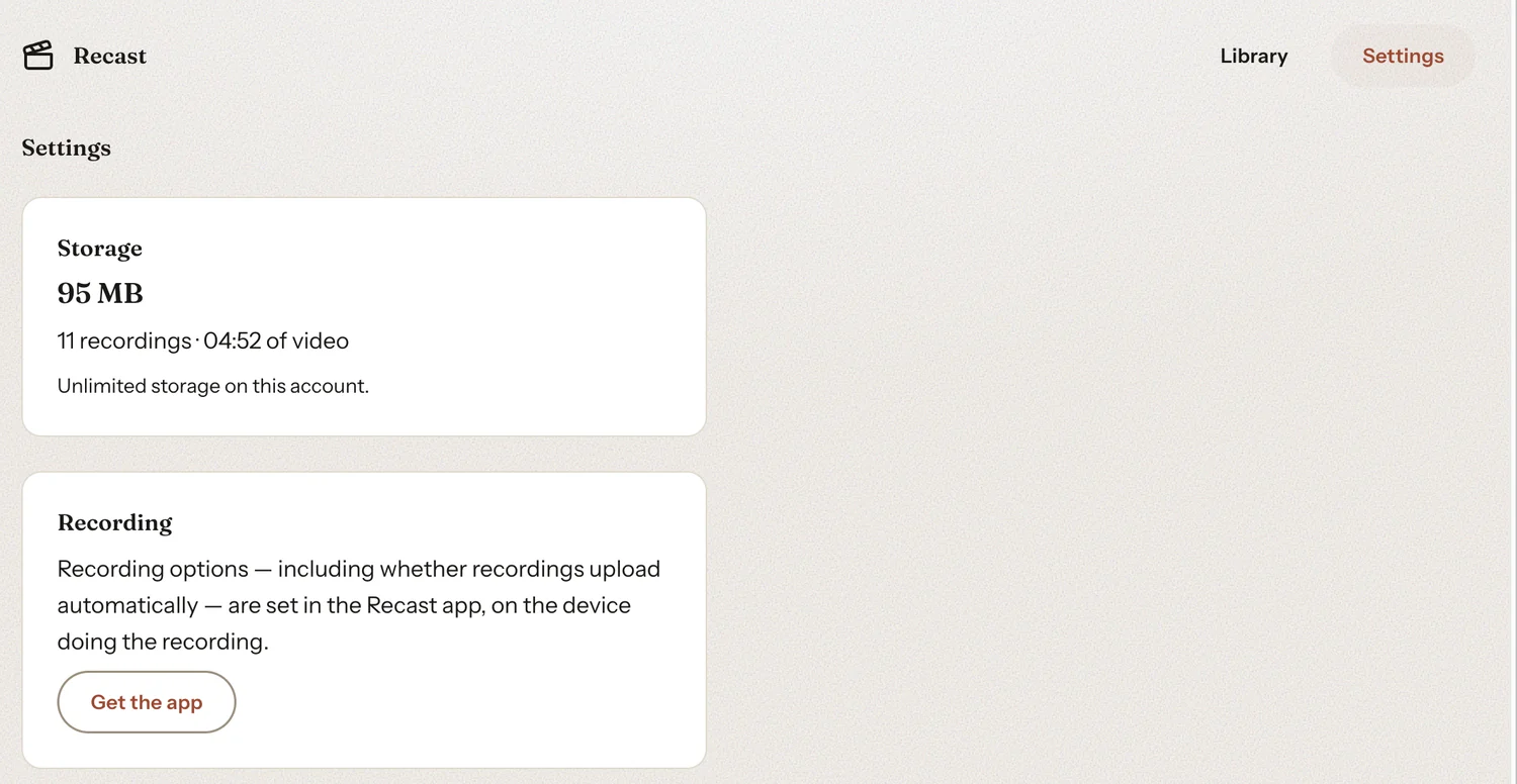 Recast settings on the web — storage used, recording count, and a note that recording options including auto-upload are set in the app on the recording device