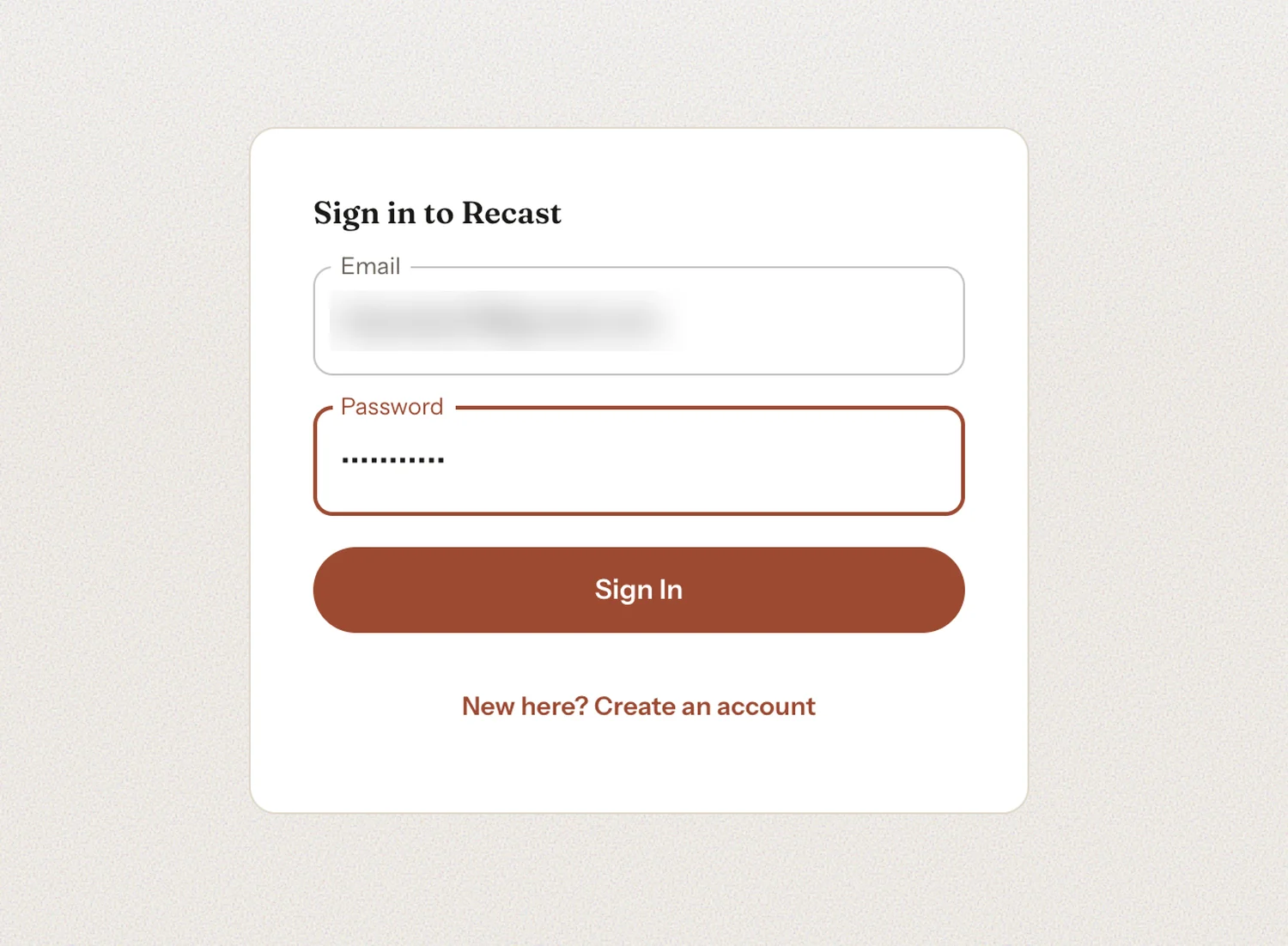 The Recast sign-in card with an email field, a password field and a Create an account link