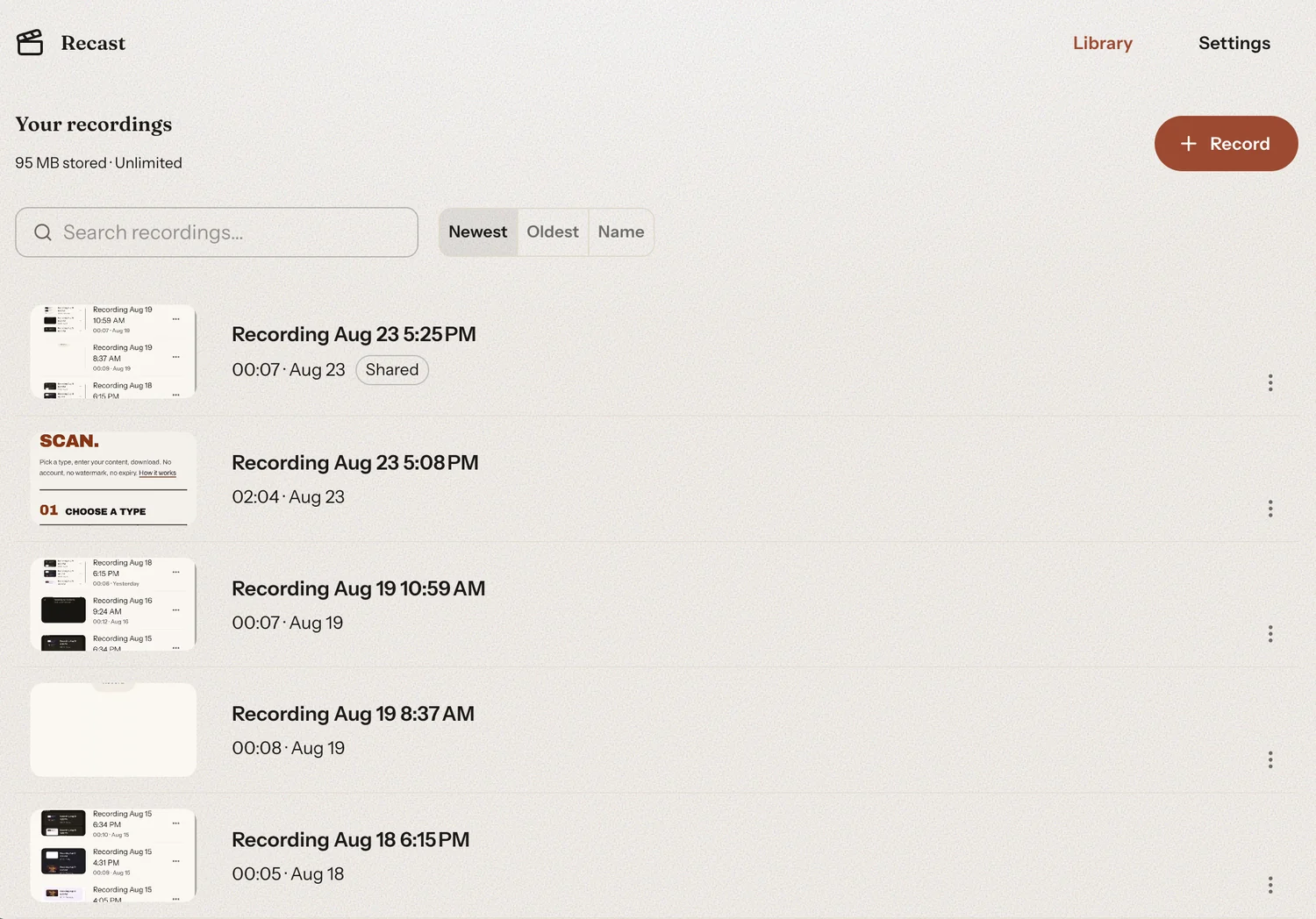 The Recast web library — recordings with durations, dates and a Shared badge
