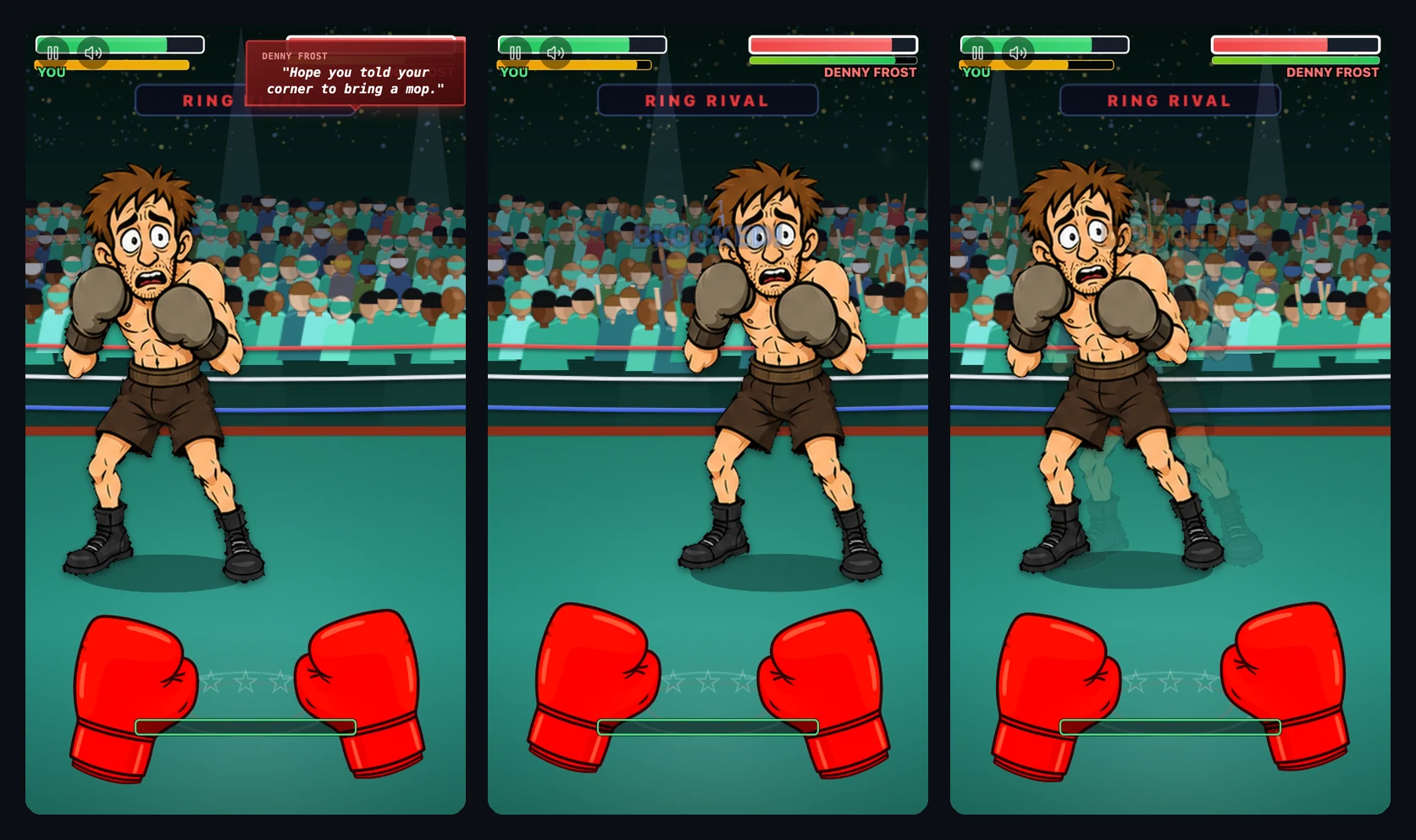Ring-Rival mid-fight — first-person gloves, Denny Frost blocking, trash talk and the super-punch meter