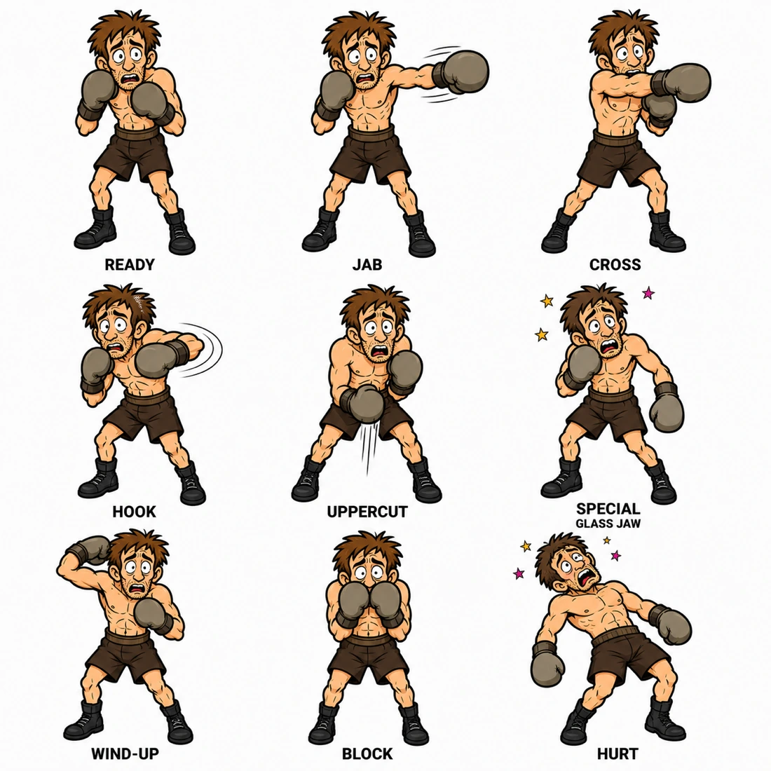 Ring-Rival sprite sheet — one sheet per fighter, every frame in a fixed grid