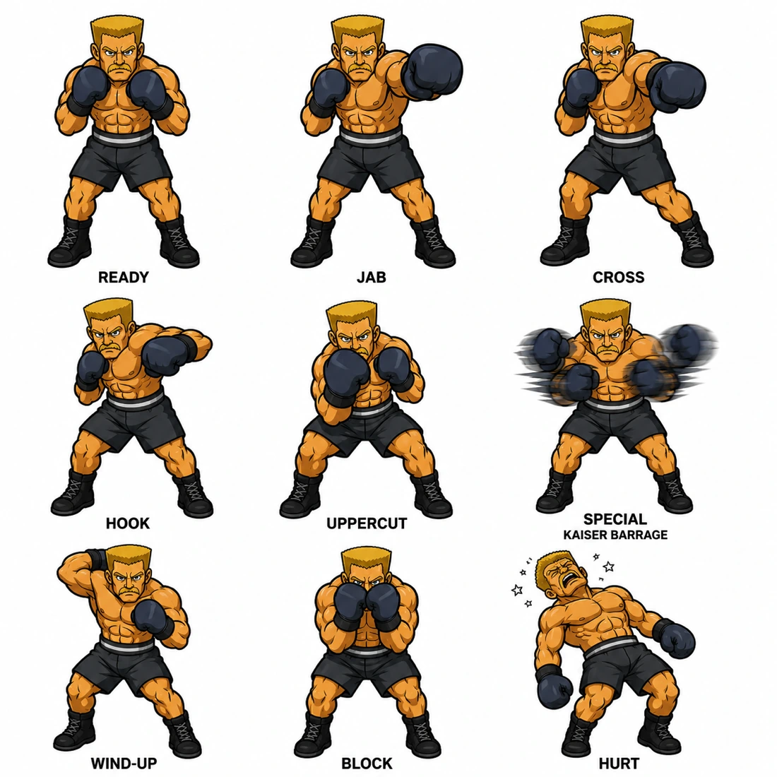 Von Kaiser's generated pose sheet, labelled ready, jab, cross, hook, uppercut, special (Kaiser Barrage), wind-up, block and hurt