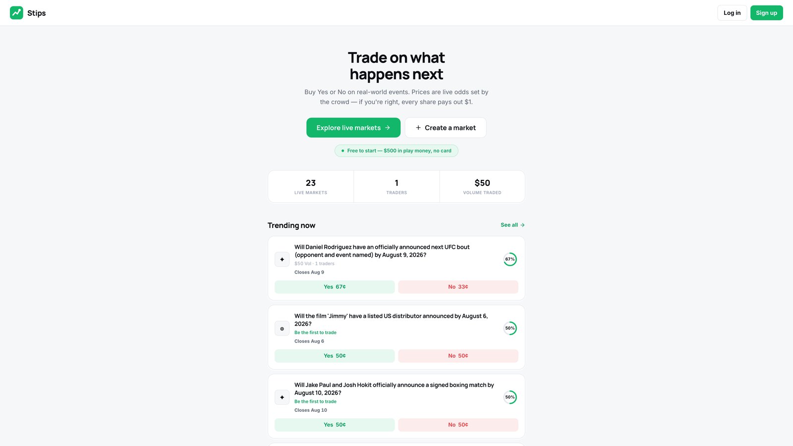 Stips prediction markets landing page