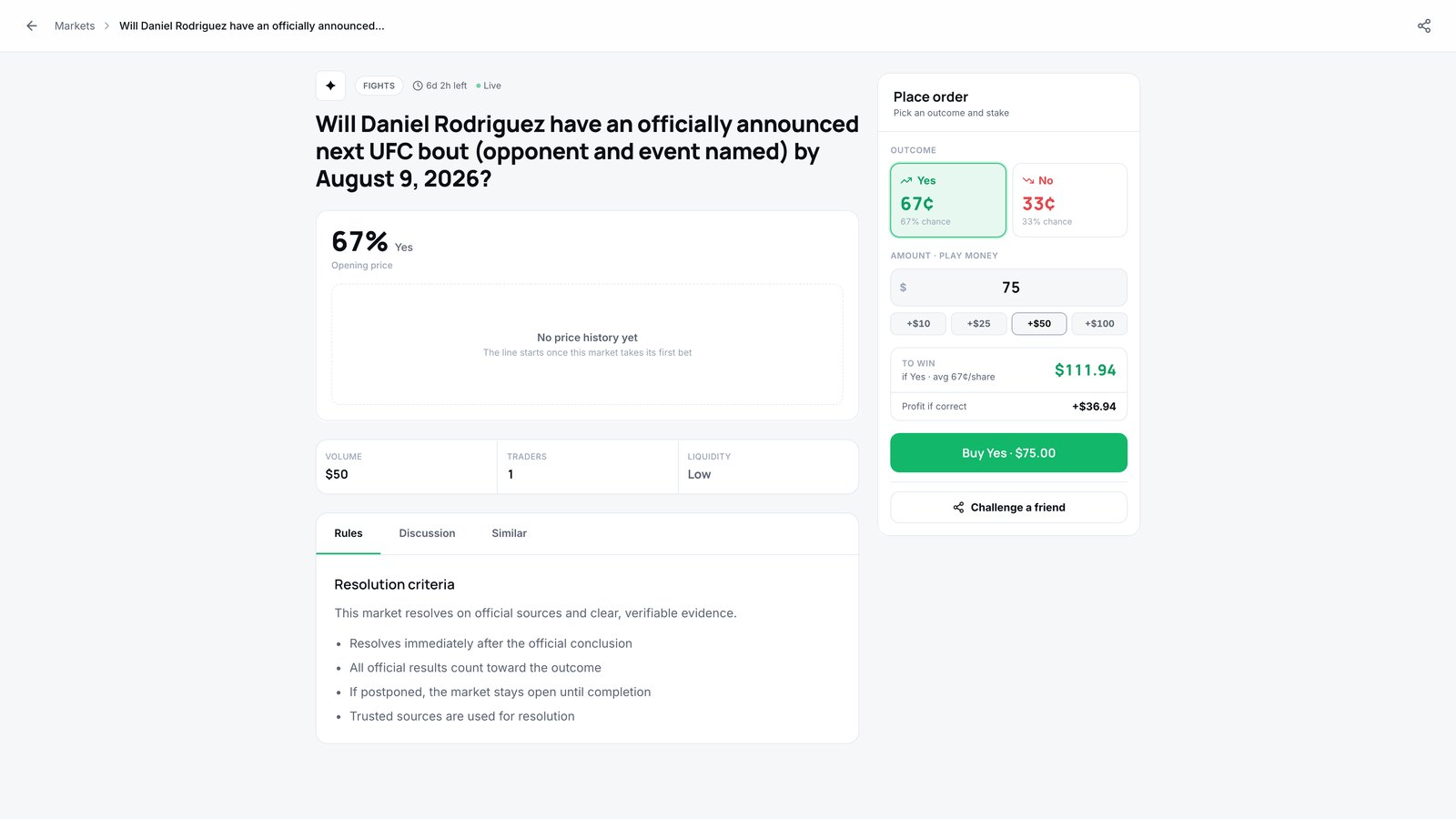 Order ticket — $75 on Yes, showing $111.94 back and $36.94 profit before you commit